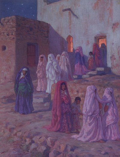 Muçulmanos deixando a mesquita da aldeia na véspera de Mouled, ilustração de uma história da vida do profeta Maomé, publicada em Paris em 1918 de Alphonse Etienne Dinet