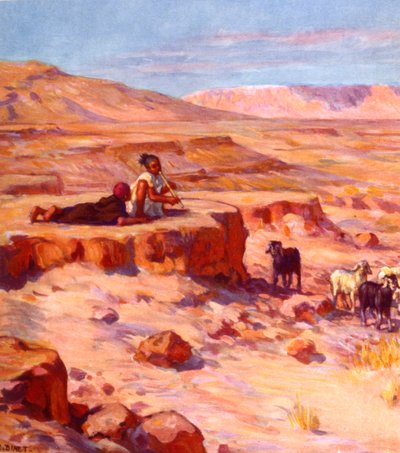 duas crianças árabes Nómadas tocando flauta enquanto observavam cabras no deserto. por Nasreddine Dinet (Alphonse-Étienne Dinet). 1861 1929. um pintor orientalista francês 1918 de Alphonse Etienne Dinet