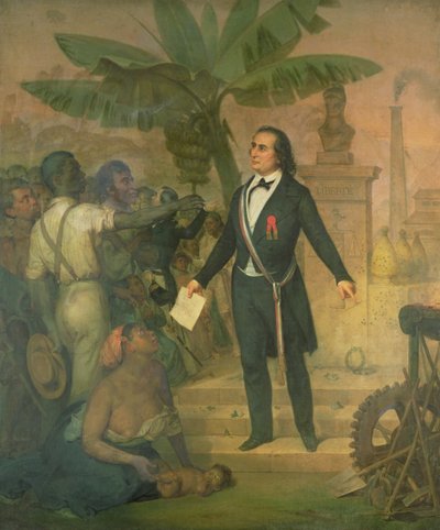 Joseph Napoleon Sebastien Sarda Garriga (1808-77) com o Decreto de Emancipação sobre La Reunion de Alphonse Garreau