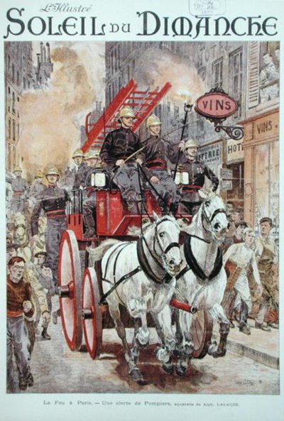 Bombeiros respondendo a um alarme de incêndio em Paris, capa do 