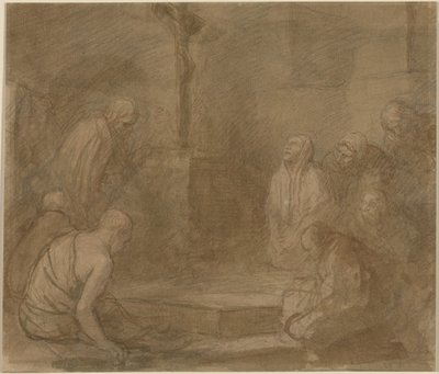 Aos pés da cruz (caneta e tinta castanha com lavagem castanha sobre grafite em papel vegetal) de Alphonse Legros