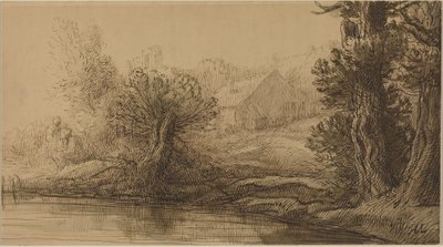 Margem de um rio (caneta e tinta castanha com lavagem castanha sobre cartão) de Alphonse Legros