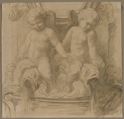 Fonte com golfinhos de equitação Putti, última metade do século XIX. de Alphonse Legros