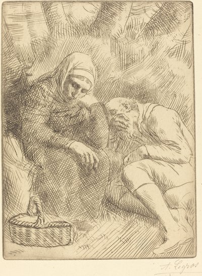 Homem e mulher sentados à beira da estrada com uma cesta Homme et femme assis au bord... de Alphonse Legros