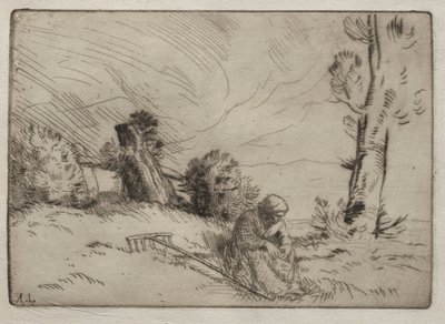 Camponesa sentada perto de uma cerca. de Alphonse Legros