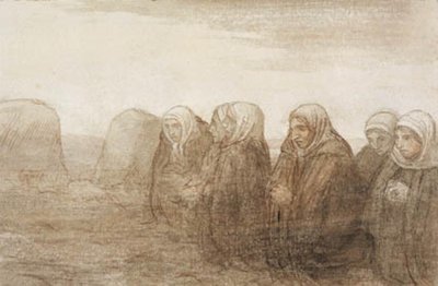 Seis esposas camponesas em oração em um campo de outono de Alphonse Legros