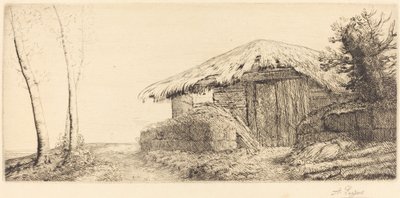 Cabana do pastor em um redil Hillside na encosta. de Alphonse Legros