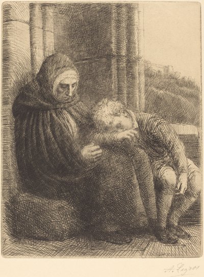 Mulher sentada contra uma parede, criança com a cabeça no colo Femme assise, muraille.... de Alphonse Legros