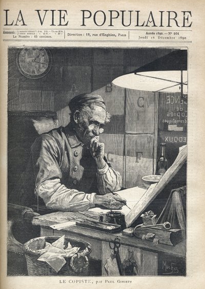 Um copyist concentrado a trabalhar no seu escritório. Ilustração de Alfons Maria Mucha (Alphonse Marie Mucha de Alphonse Mucha