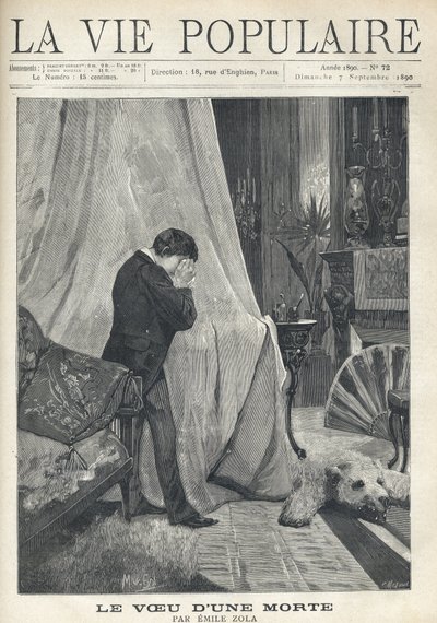 Um homem explora, escondendo as suas lágrimas e o seu rosto num lenço, de pé atrás da copa de uma cama, num quarto ricamente decorado, com pele de urso, almofadas bordadas, leque e vários vasos e candelabros. Ilustração de Alfons Maria Mucha (Alphonse Mar de Alphonse Mucha