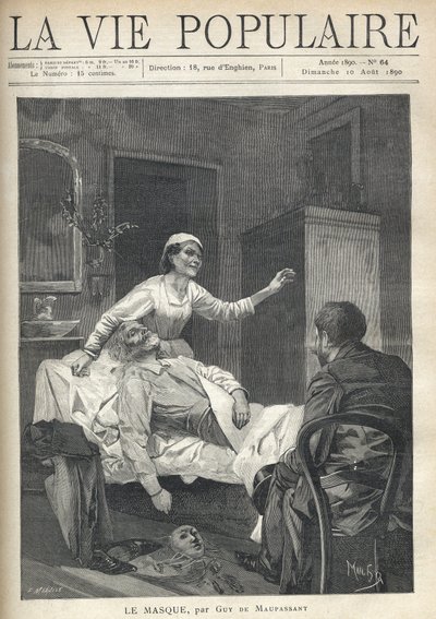 Um velho magricela com um rosto emaciado está se esticando, seu terno, seus sapatos e uma máscara de carnaval estão se arrastando perto de sua fralda (um jete de lençol em um sofá), em "La Vie Populaire". de Alphonse Mucha