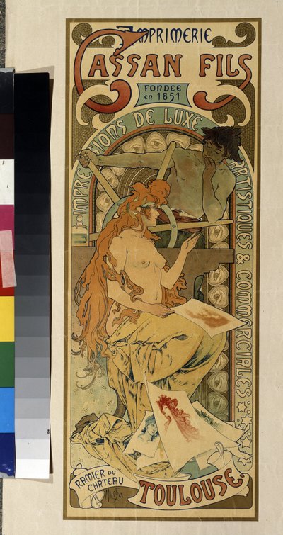 Cartaz publicitário para a tipografia ""Cassan Fils, impressão de luxo, artística e comercial"" em Toulouse. Pôster de Alfons Maria Mucha (Alphonse Marie Mucha de Alphonse Marie Mucha