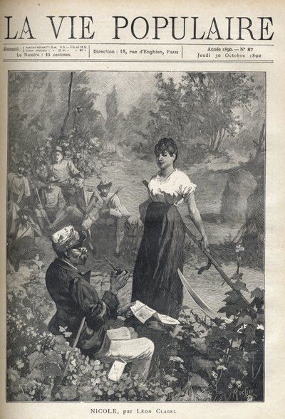 Um velho lê uma carta para um belo jovem camponês segurando uma falsa (ceifeiro). Os caçadores estão a observar a cena ao longe. Ilustração de Alfons Maria Mucha (Alphonse Marie Mucha de Alphonse Mucha
