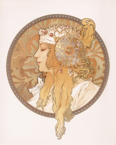Cabeça bizantina de uma donzela loira; Cabeça bizantina de uma mulher loira, c.1897 de Alphonse Mucha