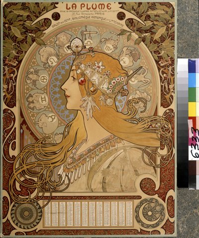 Calendário ""La Plume"", revista bimestral ilustrada do Salon des Cent. Biblioteca artística e literária. Obra de Alfons Maria Mucha (Alphonse Marie Mucha de Alphonse Marie Mucha