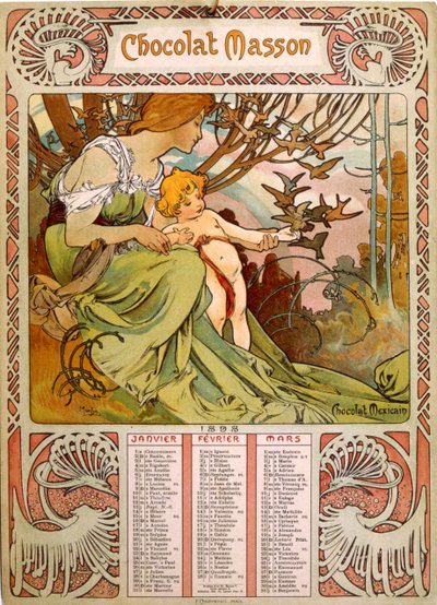 Calendário Chocolate Masson ilustrado por Mucha (1860 1939). um pintor checo Art Nouveau de Alphonse Mucha