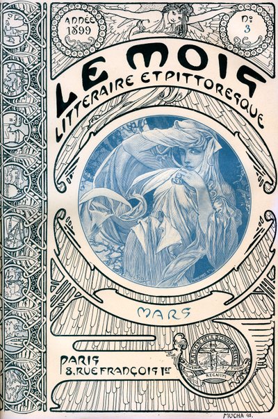 Capa da revista (revista mensal) The Litterary and Picturesque Month by Alphonse Mucha (1860-1939): Março 1899 - Maison de la Bonne Presse - de Alphonse Mucha