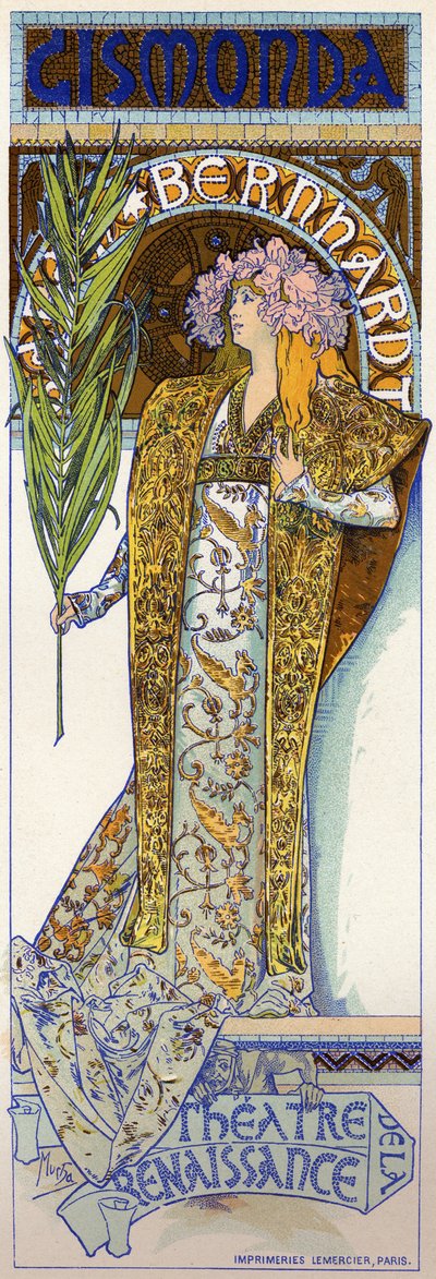 Entretenimento. Gismonda, peça de Victorien Sardou com Sarah Bernhardt no Theatre de la Renaissance, Paris. Cartaz de Mucha, França de Alphonse Marie Mucha
