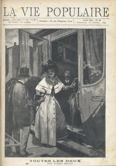 Adeus entre um homem e uma mulher entrando em um trem na plataforma de uma estação. Ilustração de Alfons Maria Mucha (Alphonse Marie Mucha de Alphonse Mucha