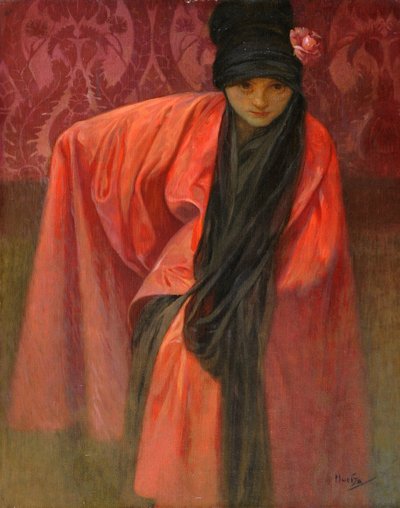 Menina em Vermelho par Mucha, Alfons Marie (1860-1939), c. 1914 - Tempera sobre tela, 60,5x47 - Coleção Particular de Alphonse Mucha