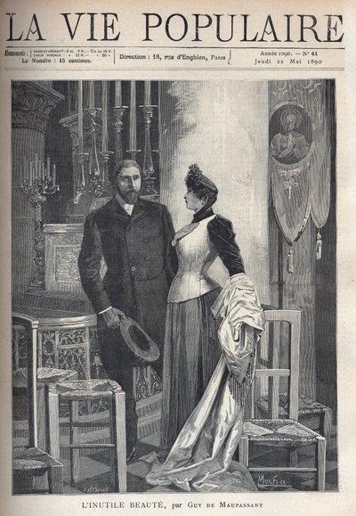 Em uma igreja, um belo e elegante casal se levanta entre velas e ora a Deus. Ilustração de Alfons Maria Mucha (Alphonse Marie Mucha de Alphonse Mucha