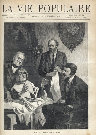 Em uma sala de estar, uma mulher idosa sentada com a cabeça segurada por um médico, segurando as mãos abertas na sua frente, espera por um segundo médico, de pé ao seu lado, limpando um instrumento com um pano branco, para operá-la a partir da catarata. Se de Alphonse Mucha