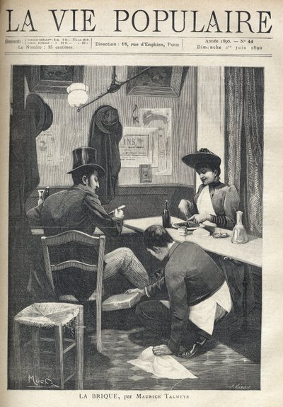 Em um restaurante, um homem e uma mulher estão separados e jantam. O rapaz de serviço está agachado perto do homem, instalando um tijolo quente debaixo dos seus pés. Ilustração de Alfons Maria Mucha (Alphonse Marie Mucha de Alphonse Mucha