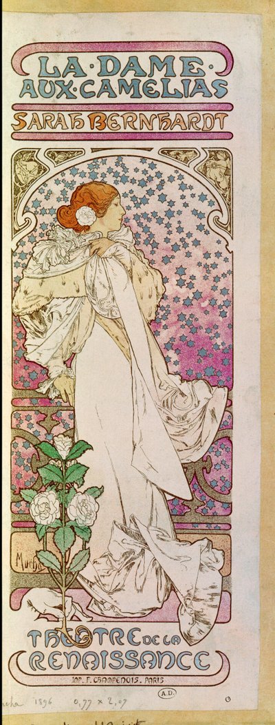 La Dame aux Camelias com a atriz Sarah Bernhardt, Theatre de la Renaissance, Paris 1894 (cartaz) de Alphonse Marie Mucha