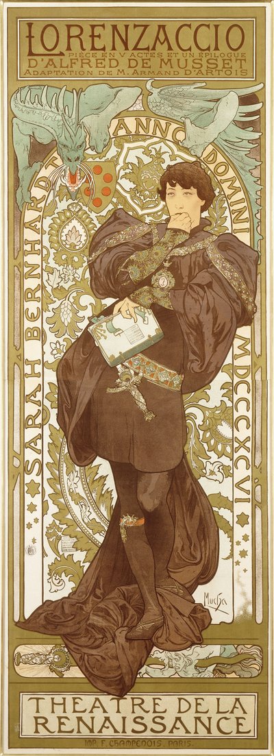 Lorenzaccio, representando a figura permanente de Sarah Bernhardt no papel, 1896 de Alphonse Mucha