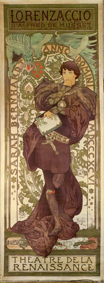 Lorenzaccio com a atriz Sarah Bernhardt, peça de Alfred de Musset (cartaz) de Alphonse Marie Mucha