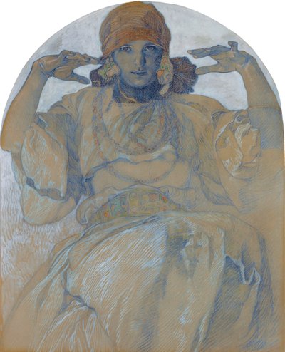 "Retrato da filha do artista, Jaroslava Muchova (1909-1986) Pintura de Alphons Mucha (1860-1939) - cerca de 1924 Dim 51x41 cm Coleção Particular de Alphonse Mucha