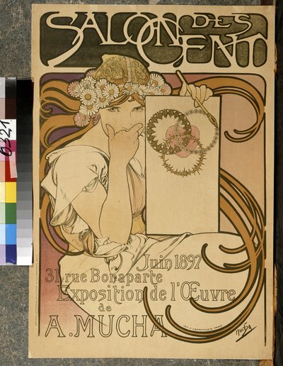 Cartaz anunciando a exposição de A. Mucha no Salon des Cent, 31 rue Bonaparte a Paris, junho de 1897 (litografia colorida) de Alphonse Mucha