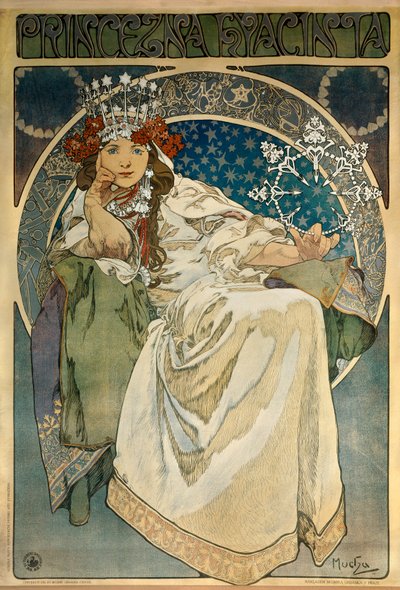 Cartaz de Alphonse Mucha (1860-1939) para a criação do Ballet "Princesa Hyacinthe" de Oskar Nedbal (1874-1930) no Teatro Nacional de Praga e representando a atriz Andula Sedlackova de Alphonse Mucha