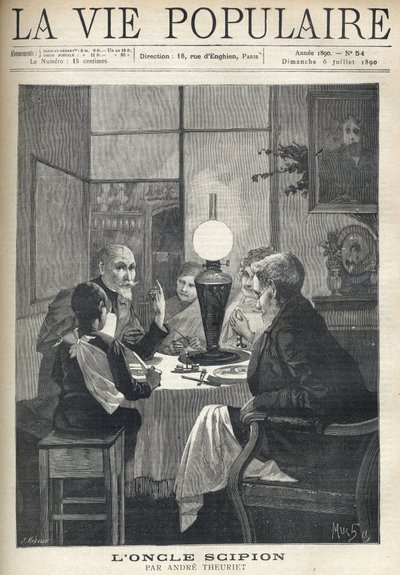 Cena da vida familiar: ao redor da mesa de jantar, uma família é reunida, iluminada por uma lâmpada de óleo e escuta atentamente um tio visitante, com os olhos brilhantes e as mãos marcando os destaques da sua história. Ilustração de Alfons Maria Mucha (Al de Alphonse Mucha