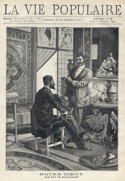 Dois homens, um sentado e o outro em pé, de frente um para o outro, estão em plena conversa, fumando cigarros em uma sala ricamente decorada (vitrais, móveis, objetos de arte). Ilustração de Alfons Maria Mucha (Alphonse Marie Mucha de Alphonse Mucha