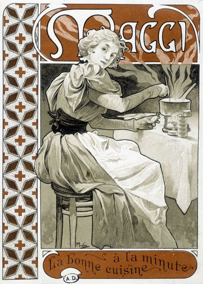 Jovem mulher a cozinhar num fogão a gás - anúncio Maggi "boa comida ao minuto", de Mucha, por volta de 1890. de Alphonse Mucha