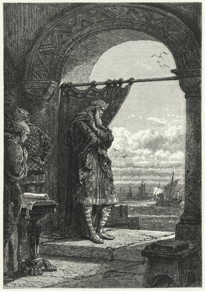 Carlos Magno observando ansiosamente a aproximação de navios que transportam os Raiders Normandos (gravura) de Alphonse Marie de (after) Neuville