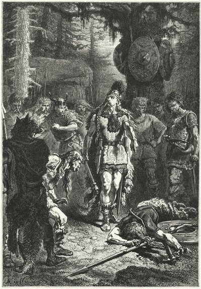Clóvis I mata um dos seus soldados como castigo por ter esmagado o vaso de Soissons, 486 (gravura) de Alphonse Marie de (after) Neuville