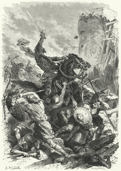 Conde Odo defendendo Paris contra os normandos, 886 (gravura) de Alphonse Marie de (after) Neuville