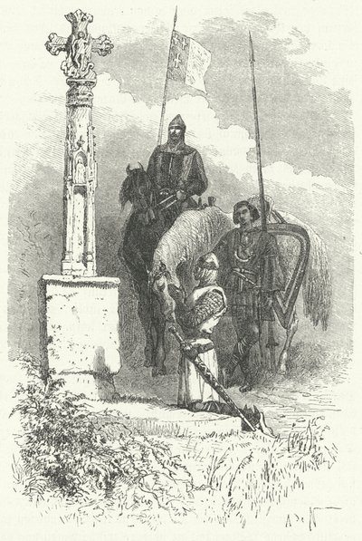 Fernão I de Leão orando diante de uma cruz de Alphonse Marie de (after) Neuville