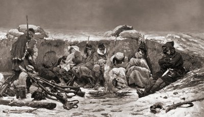 Soldados franceses em trincheiras. Cerco de Paris. Guerra Franco-Prussiana de Alphonse Marie de (after) Neuville