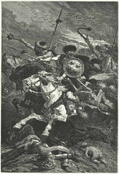 Hunos carregando na Batalha de Chalons, 451 (gravura) de Alphonse Marie de (after) Neuville