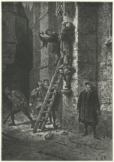 Protestantes destruindo uma estátua da Virgem e do Menino em Notre Dame, Paris de Alphonse Marie de (after) Neuville