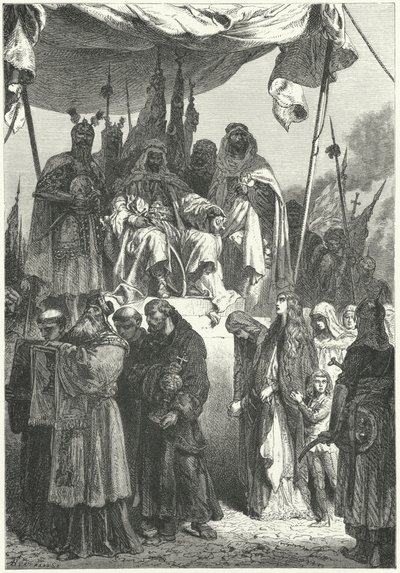 Saladino a ver os cristãos capturados a passar depois da sua captura de Jerusalém de Alphonse Marie de (after) Neuville