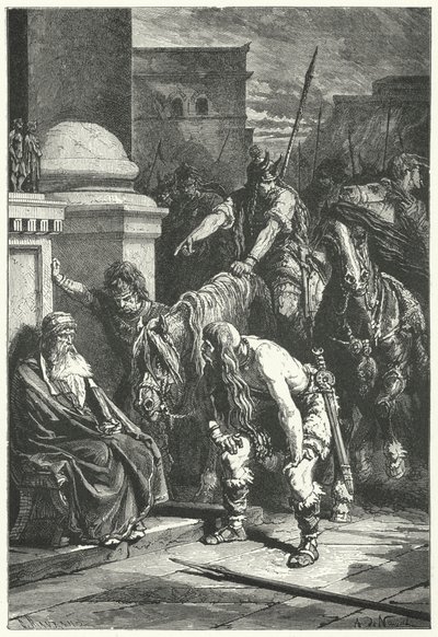 A morte do cônsul romano Marcus Papirius no saco gálico de Roma, 387 a.C. (gravura) de Alphonse Marie de (after) Neuville