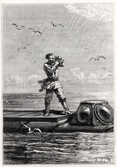 Capitão Nemo no topo do Nautilus, de &39;20, 000 Leagues Under the Sea &39;por Jules Verne (1828-1905) gravado por Henri Theophile Hildibrand (1824-97) de Alphonse Marie de Neuville