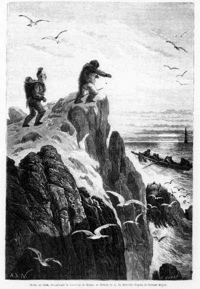 Hans em 1860, descobrindo o navio de Hayes - desenho de Neuville do Dr. Hayes em "O mar livre do pólo, viagem de descoberta nos mares Árticos de Alphonse Marie de Neuville