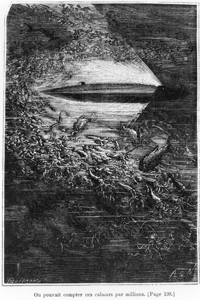 Ilustração de &39;20, 000 ligas sob o mar &39;por Jules Verne (1828-1905) gravado por Henri Theophile Hildibrand (1824-97) 1877 de Alphonse Marie de Neuville