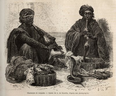 Les charmeurs de serpents, que comercializam répteis, que atraem soprando em seu toumril (flauta), gravando após o desenho de A. de Neuville, ilustrando a viagem à Índia dos Rajahs, em 1864-1868, de Louis Rousselet, publicado em "Le tour de Alphonse Marie de Neuville
