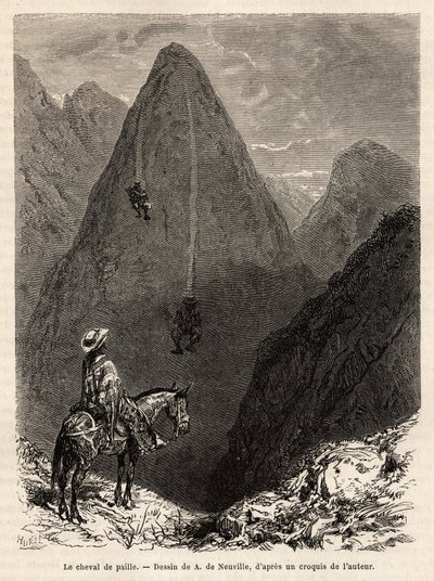 Os índios do estado de Boyaca, descendo uma montanha coberta de capim em cavalos de palha, constituída por um feixe de capim comprido sobre o qual se senta um califorquio para descer as encostas a toda a velocidade, apenas pela força do gravite, gravando d de Alphonse Marie de Neuville